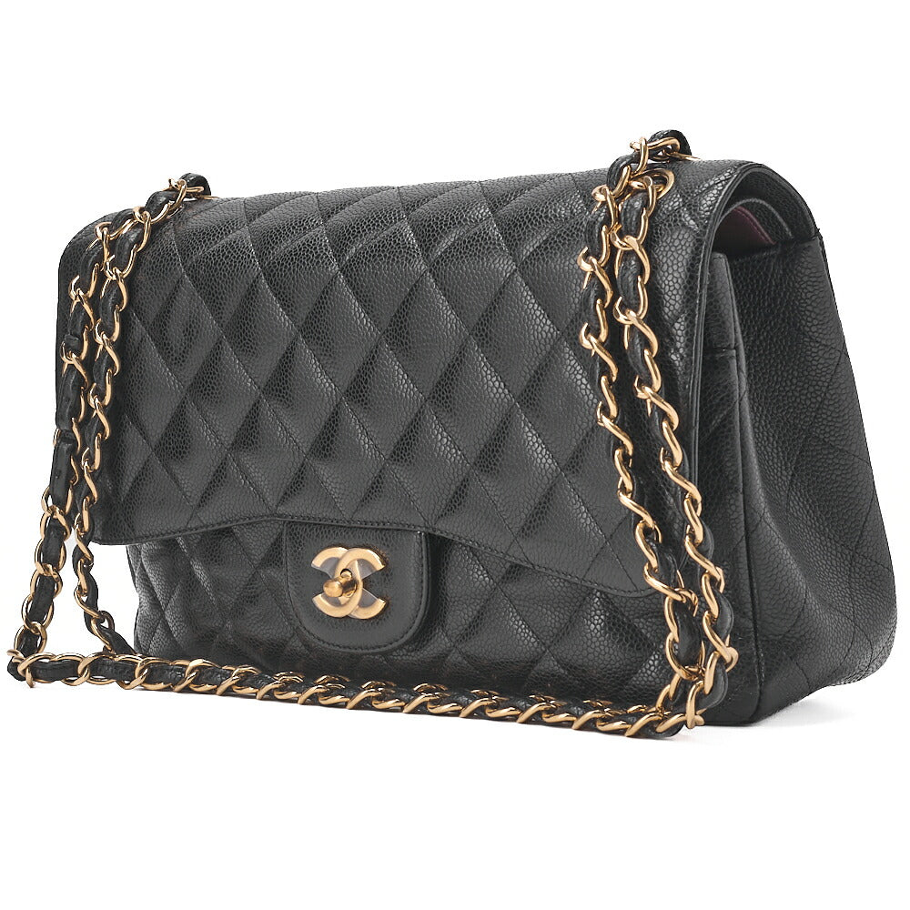 CHANEL Chain Shoulder Bag Deca Matelasse Double Flap 30cm Caviar Skin Black Gold-Tone Hardware, Pre-Owned