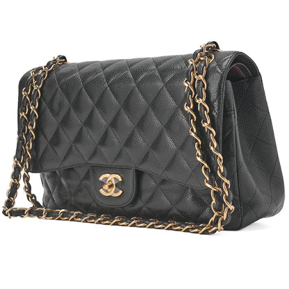 CHANEL Chain Shoulder Bag Deca Matelasse Double Flap 30cm Caviar Skin Black Gold-Tone Hardware, Pre-Owned