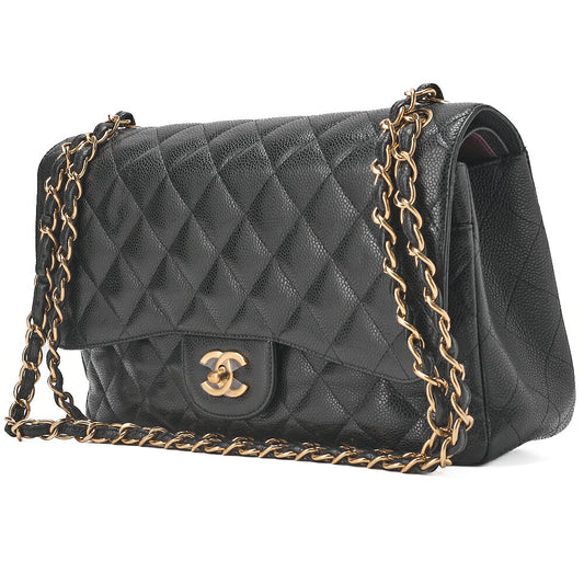 CHANEL Chain Shoulder Bag Deca Matelasse Double Flap 30cm Caviar Skin Black Gold-Tone Hardware, Pre-Owned