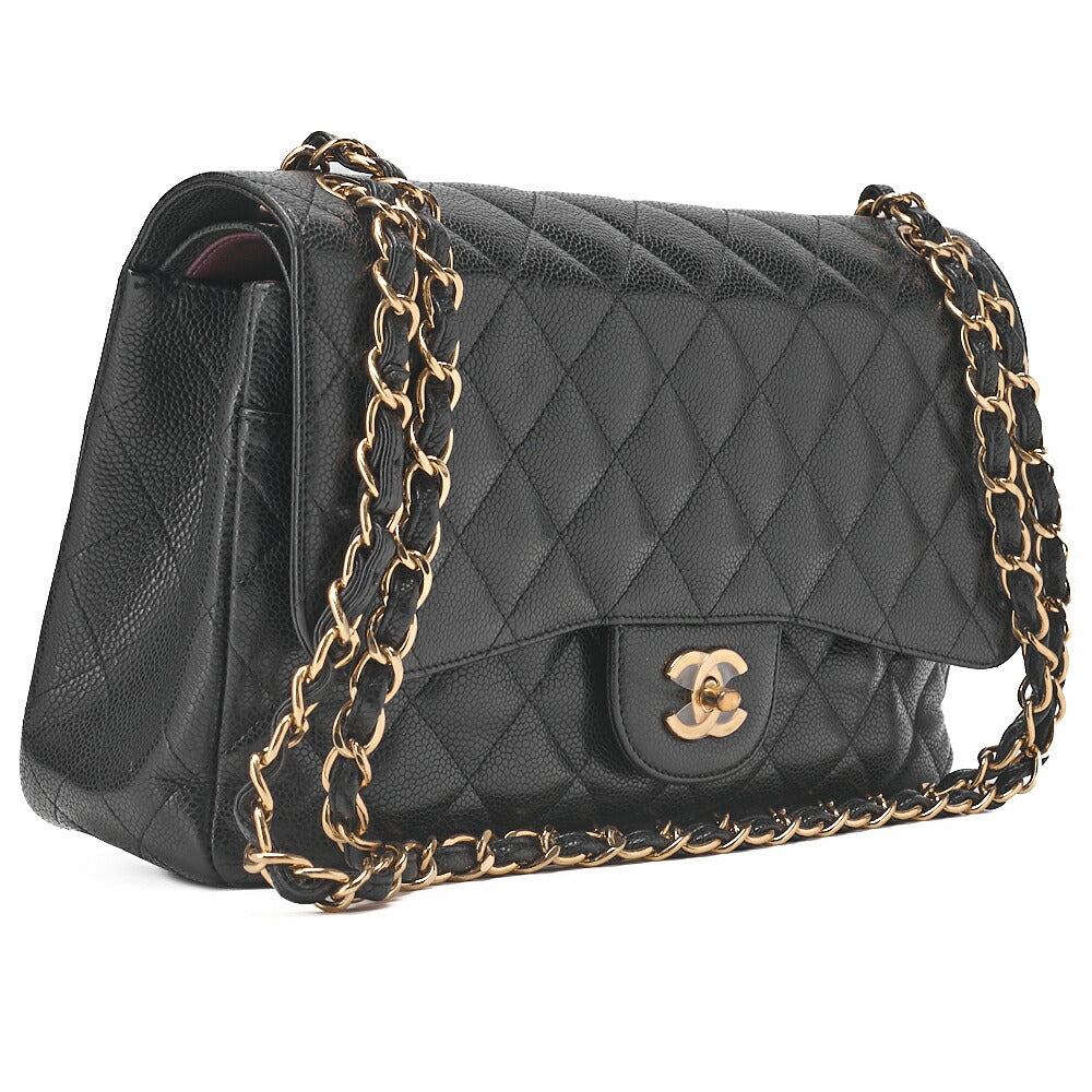 CHANEL Chain Shoulder Bag Deca Matelasse Double Flap 30cm Caviar Skin Black Gold-Tone Hardware, Pre-Owned