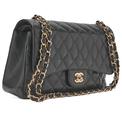 CHANEL Chain Shoulder Bag Deca Matelasse Double Flap 30cm Caviar Skin Black Gold-Tone Hardware, Pre-Owned