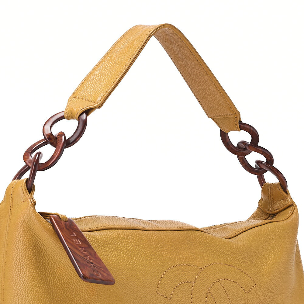 CHANEL Coco Mark with Wood Pattern Charm One Shoulder Bag Caviar Skin Beige Gold-Tone Hardware, Pre-Owned