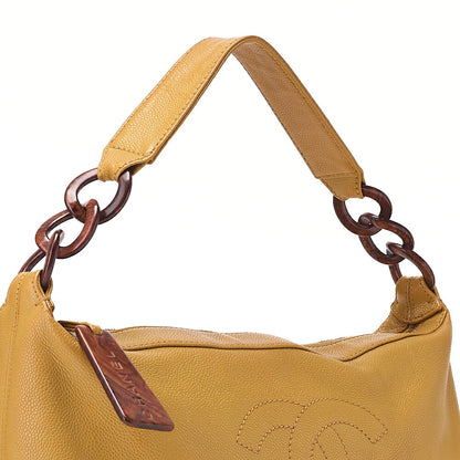 CHANEL Coco Mark with Wood Pattern Charm One Shoulder Bag Caviar Skin Beige Gold-Tone Hardware, Pre-Owned