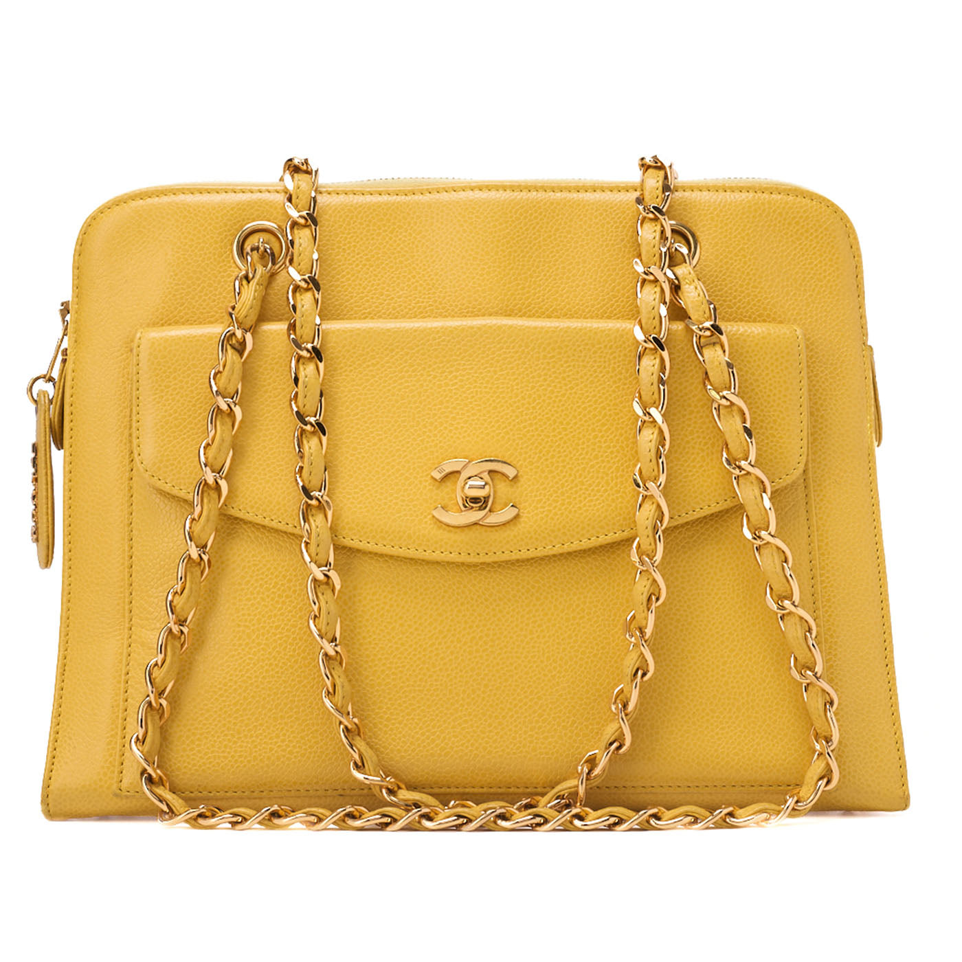 CHANEL Outside Flap Shoulder Bag Caviar Skin Yellow Gold-Tone Hardware, Pre-Owned