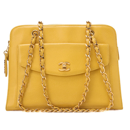 CHANEL Outside Flap Shoulder Bag Caviar Skin Yellow Gold-Tone Hardware, Pre-Owned
