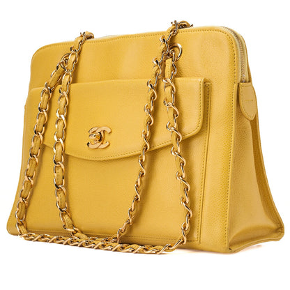 CHANEL Outside Flap Shoulder Bag Caviar Skin Yellow Gold-Tone Hardware, Pre-Owned