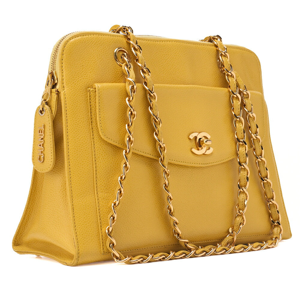 CHANEL Outside Flap Shoulder Bag Caviar Skin Yellow Gold-Tone Hardware, Pre-Owned