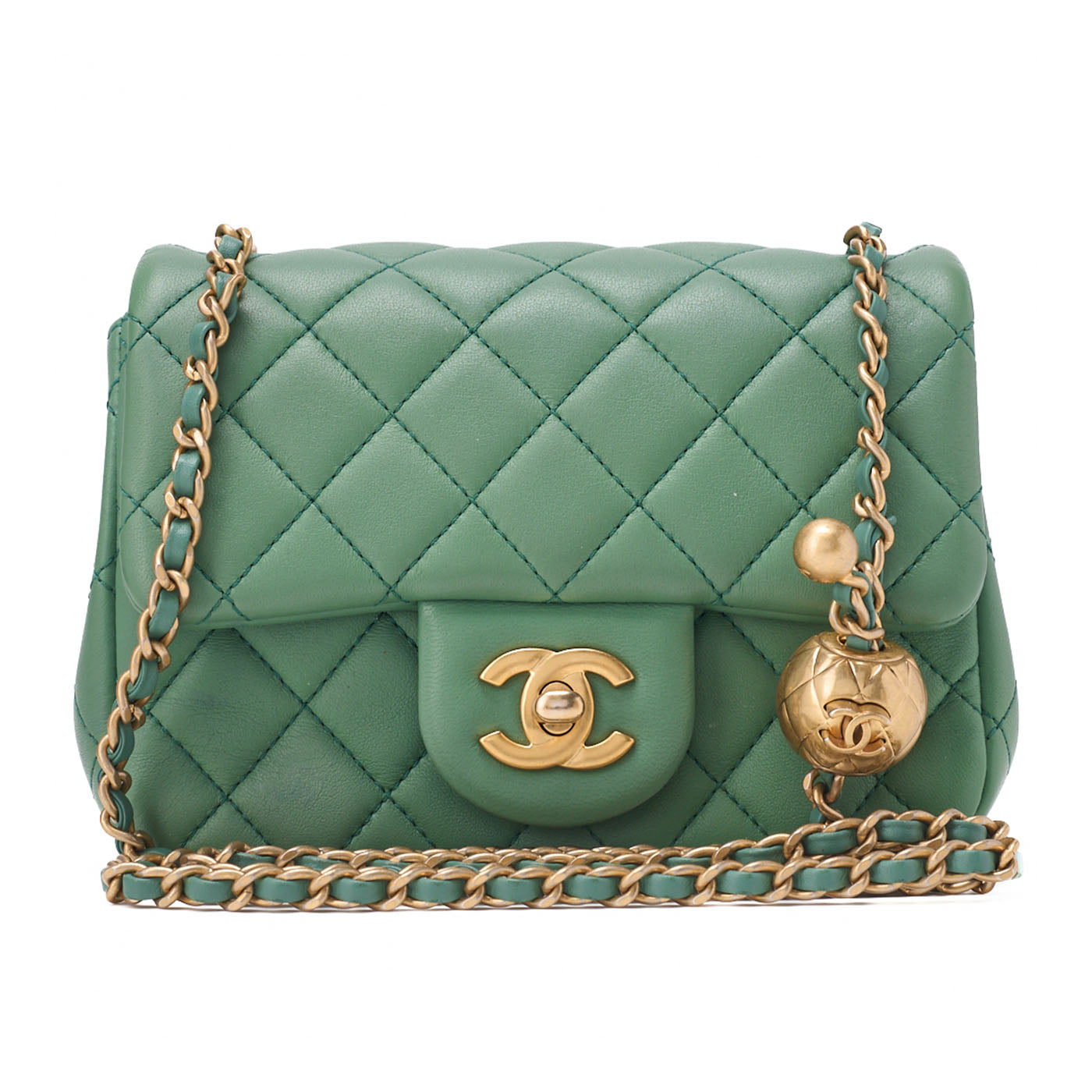 CHANEL Chain Shoulder Bag Mini Matelasse 17cm Lambskin Single Flap Turnlock Mint Green Gold-Tone Hardware, Pre-Owned