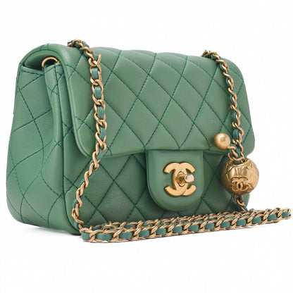 CHANEL Chain Shoulder Bag Mini Matelasse 17cm Lambskin Single Flap Turnlock Mint Green Gold-Tone Hardware, Pre-Owned