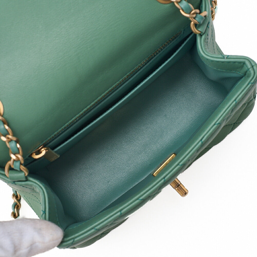 CHANEL Chain Shoulder Bag Mini Matelasse 17cm Lambskin Single Flap Turnlock Mint Green Gold-Tone Hardware, Pre-Owned