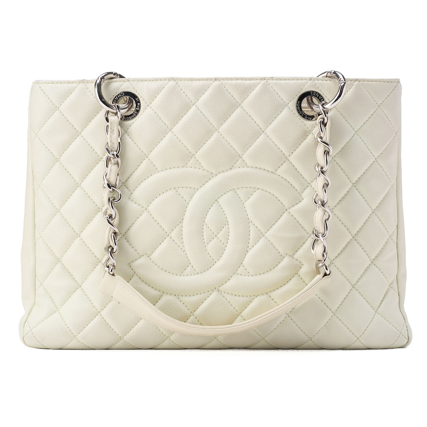 CHANEL Tote Bag  Matelasse Caviar Skin White Double Chain GST Silver-Tone Hardware, Pre-Owned