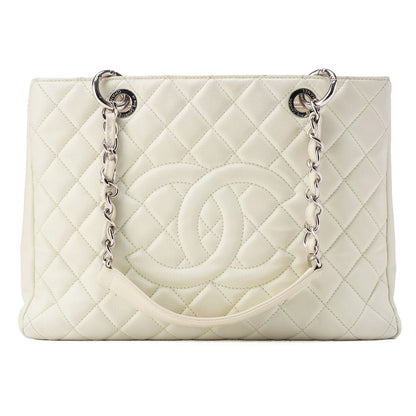 CHANEL Tote Bag  Matelasse Caviar Skin White Double Chain GST Silver-Tone Hardware, Pre-Owned