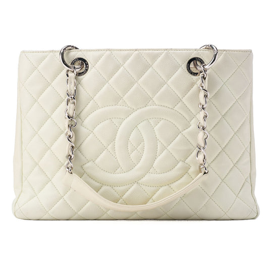 CHANEL Tote Bag  Matelasse Caviar Skin White Double Chain GST Silver-Tone Hardware, Pre-Owned