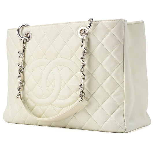 CHANEL Tote Bag  Matelasse Caviar Skin White Double Chain GST Silver-Tone Hardware, Pre-Owned