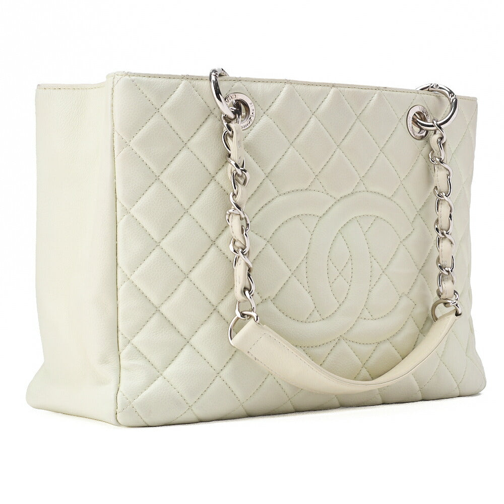 CHANEL Tote Bag  Matelasse Caviar Skin White Double Chain GST Silver-Tone Hardware, Pre-Owned