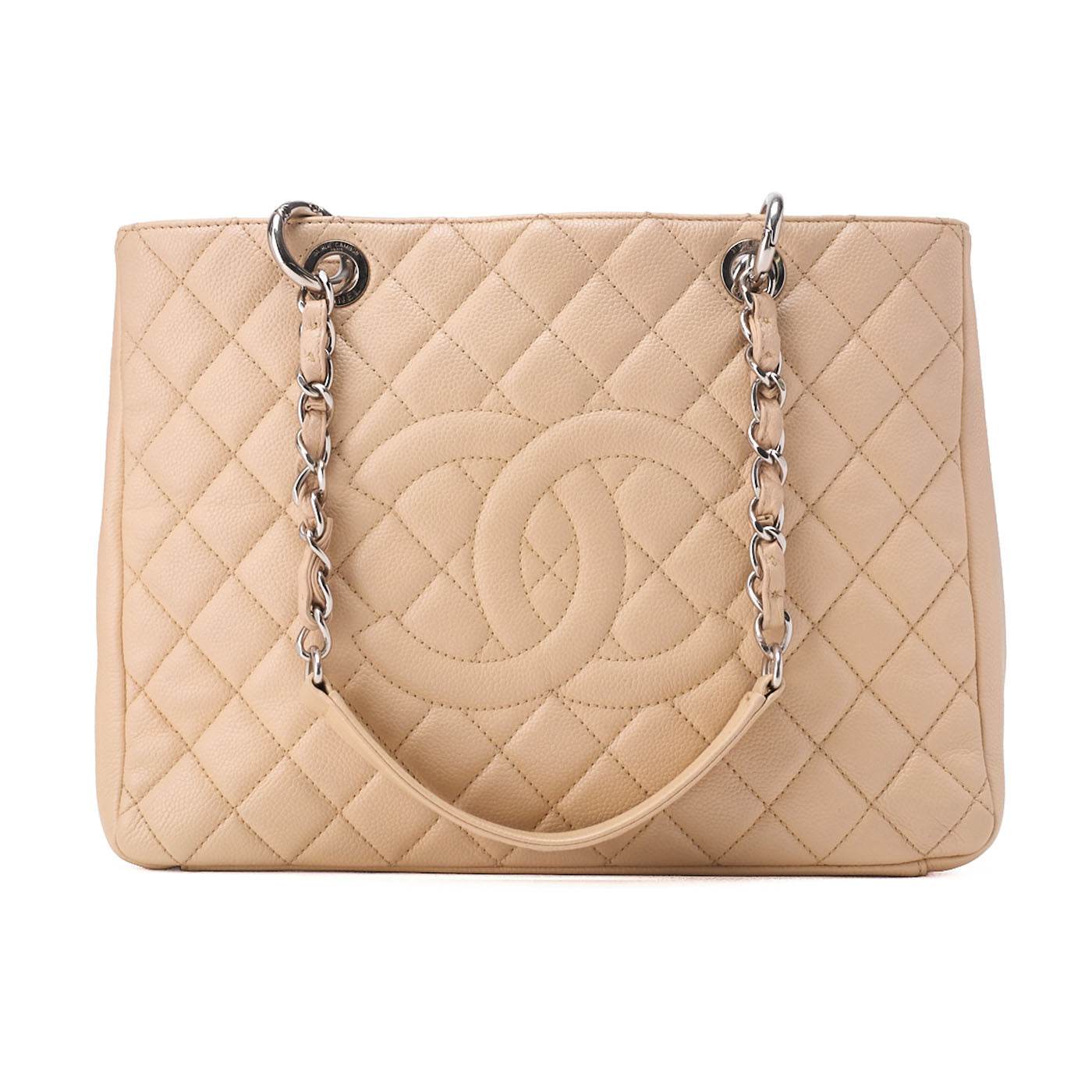 CHANEL Tote Bag Matelasse Caviar Skin Cocomark GST Double Chain Tote Beige Silver-Tone Hardware, Pre-Owned