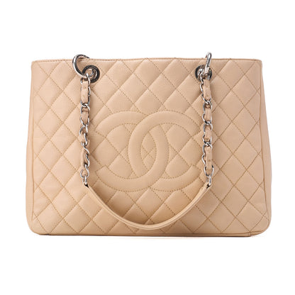 CHANEL Tote Bag Matelasse Caviar Skin Cocomark GST Double Chain Tote Beige Silver-Tone Hardware, Pre-Owned