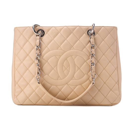 CHANEL Tote Bag Matelasse Caviar Skin Cocomark GST Double Chain Tote Beige Silver-Tone Hardware, Pre-Owned