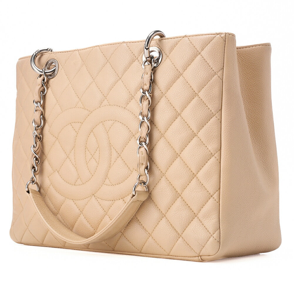 CHANEL Tote Bag Matelasse Caviar Skin Cocomark GST Double Chain Tote Beige Silver-Tone Hardware, Pre-Owned