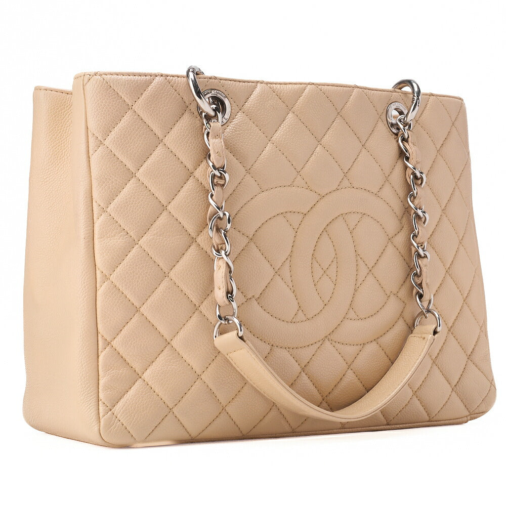 CHANEL Tote Bag Matelasse Caviar Skin Cocomark GST Double Chain Tote Beige Silver-Tone Hardware, Pre-Owned