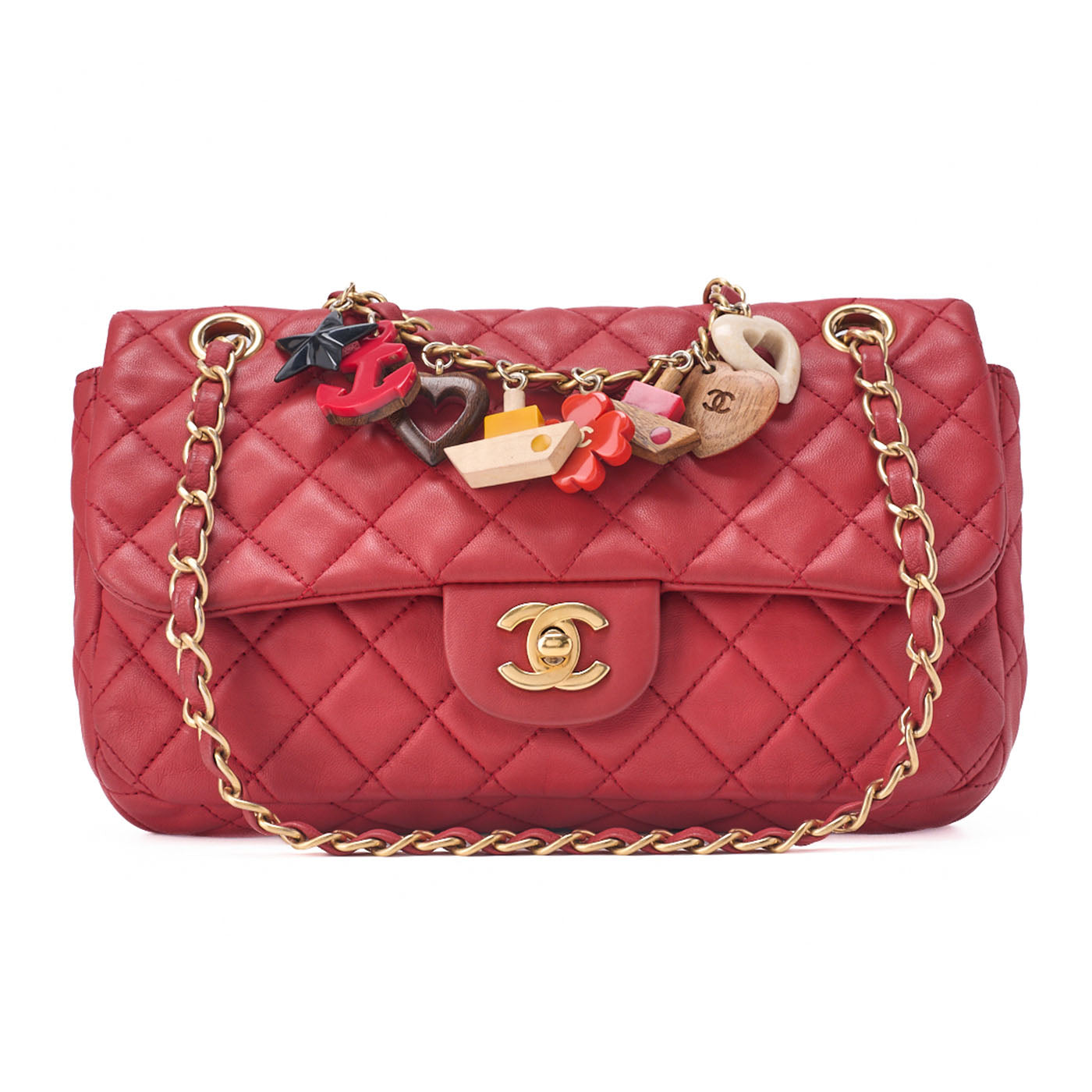 CHANEL Chain Shoulder Bag Matelasse Single Flap Icon Line Lambskin Red Gold-Tone Hardware, Pre-Owned