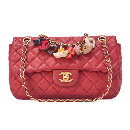 CHANEL Chain Shoulder Bag Matelasse Single Flap Icon Line Lambskin Red Gold-Tone Hardware, Pre-Owned
