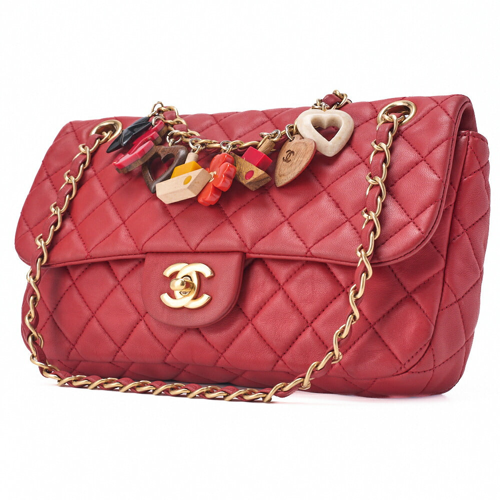 CHANEL Chain Shoulder Bag Matelasse Single Flap Icon Line Lambskin Red Gold-Tone Hardware, Pre-Owned