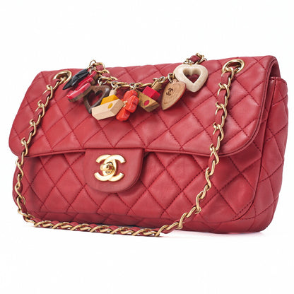 CHANEL Chain Shoulder Bag Matelasse Single Flap Icon Line Lambskin Red Gold-Tone Hardware, Pre-Owned
