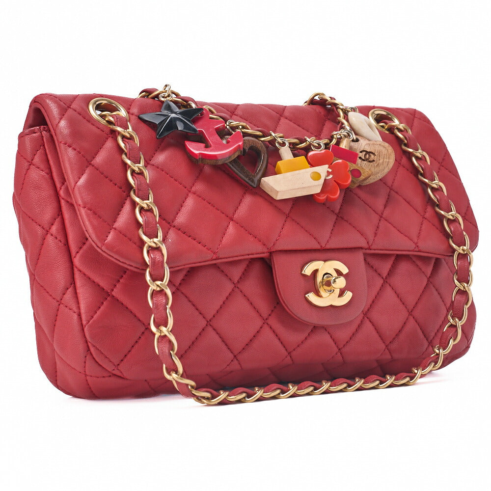 CHANEL Chain Shoulder Bag Matelasse Single Flap Icon Line Lambskin Red Gold-Tone Hardware, Pre-Owned