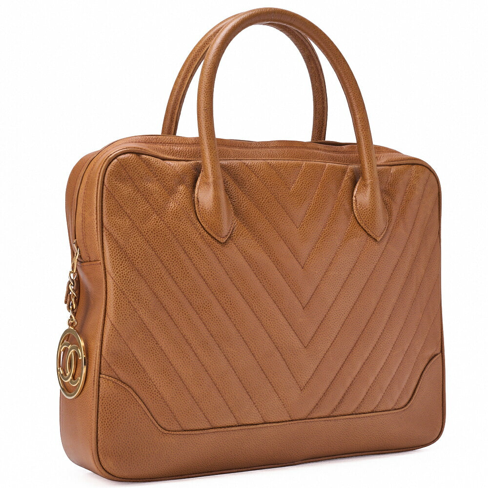 CHANEL V-Stitch Circle Coco Charm Handbag Caviar Skin Beige Gold-Tone Hardware, Pre-Owned