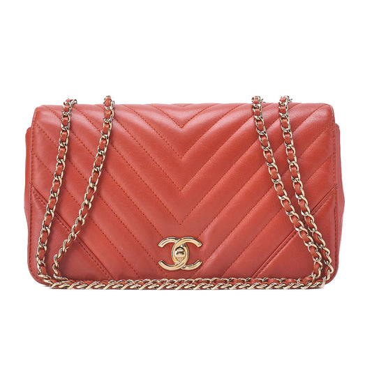 CHANEL Chain Shoulder Bag Calfskin V-Stitch Pink Orange Turnlock Full Flap Gold-Tone Hardware, Pre-Owned