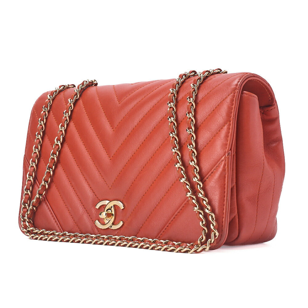 CHANEL Chain Shoulder Bag Calfskin V-Stitch Pink Orange Turnlock Full Flap Gold-Tone Hardware, Pre-Owned