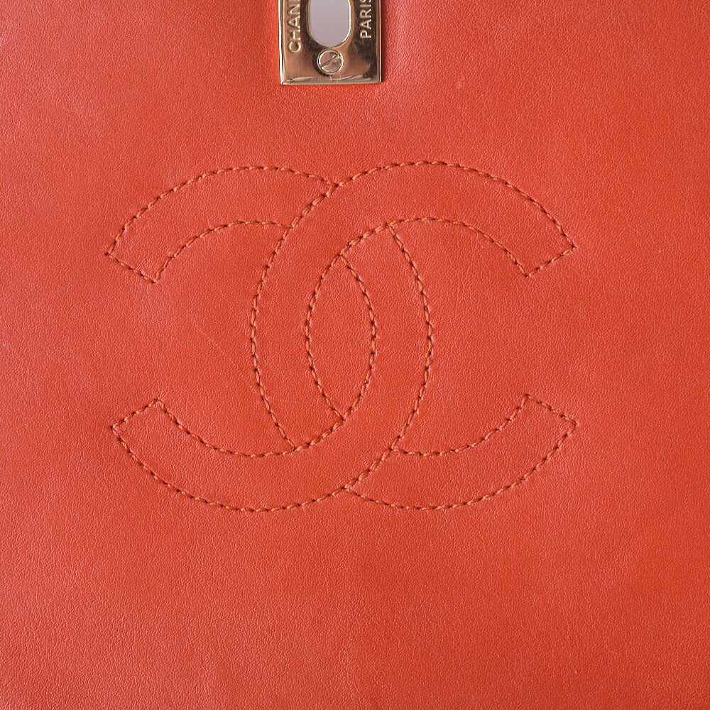 CHANEL Chain Shoulder Bag Calfskin V-Stitch Pink Orange Turnlock Full Flap Gold-Tone Hardware, Pre-Owned