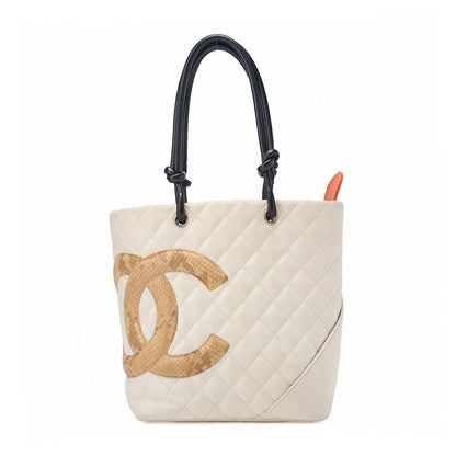 CHANEL Cambon Line Matelasse Calfskin x  Python White Tote Bag Silver-Tone Hardware, Pre-Owned