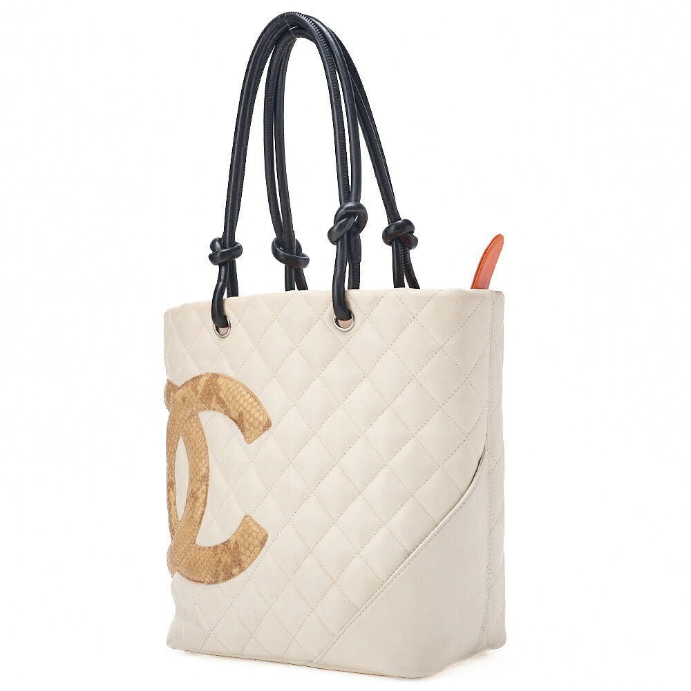 CHANEL Cambon Line Matelasse Calfskin x  Python White Tote Bag Silver-Tone Hardware, Pre-Owned