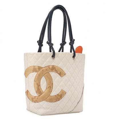 CHANEL Cambon Line Matelasse Calfskin x  Python White Tote Bag Silver-Tone Hardware, Pre-Owned