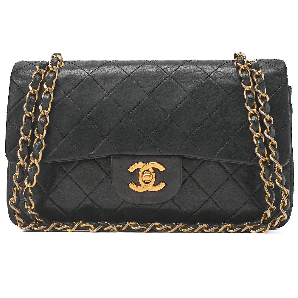 CHANEL Chain Shoulder Bag Matelasse Double Flap 23cm Lambskin Black Gold-Tone Hardware, Pre-Owned