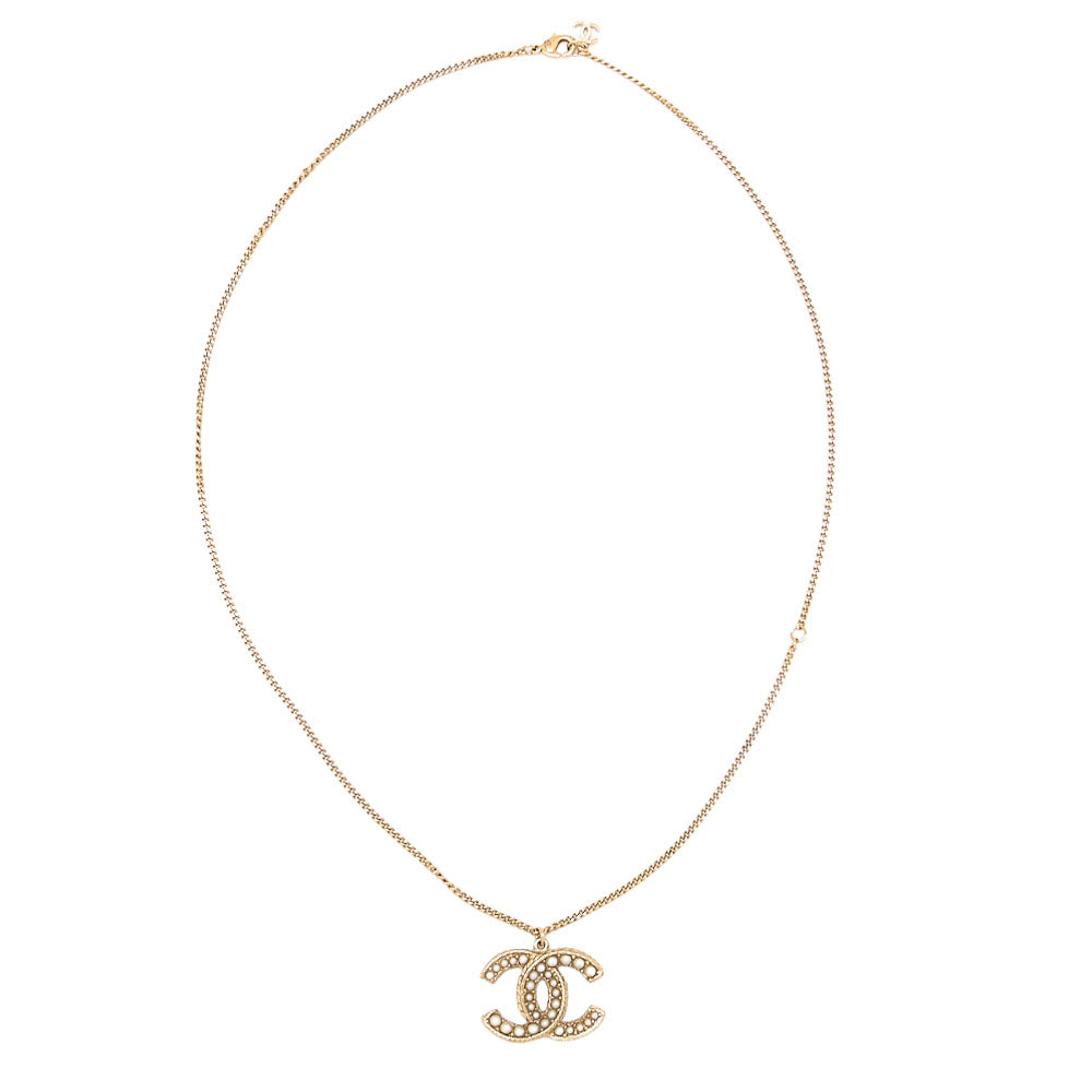 CHANEL Coco Mark Faux Pearl Necklace 14B GP Gold (Gold Plated) Gold Chain Necklace Earrings High Brand Gold-Tone Hardware, Pre-Owned