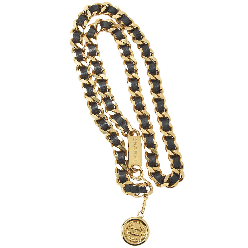 CHANEL Coco Mark Chain Belt 94A GP x Leather Black x Gold Gold