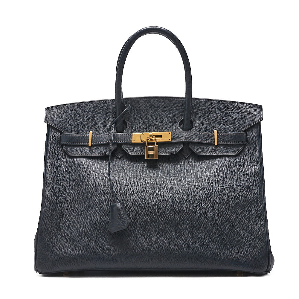 HERMES Birkin 35 Handbag Epson Blue Indigo Gold-Tone Hardware, Pre-Owned