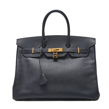 HERMES Birkin 35 Handbag Epson Blue Indigo Gold-Tone Hardware, Pre-Owned