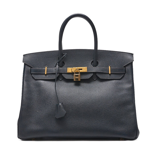 HERMES Birkin 35 Handbag Epson Blue Indigo Gold-Tone Hardware, Pre-Owned