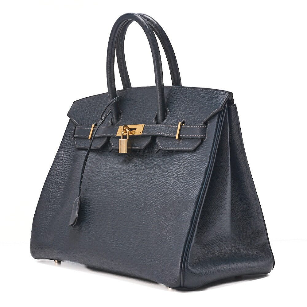 HERMES Birkin 35 Handbag Epson Blue Indigo Gold-Tone Hardware, Pre-Owned