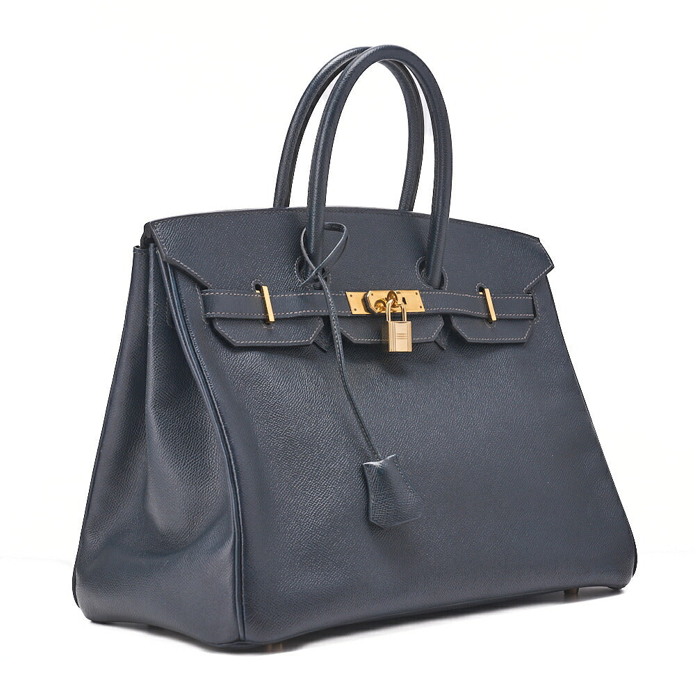 HERMES Birkin 35 Handbag Epson Blue Indigo Gold-Tone Hardware, Pre-Owned