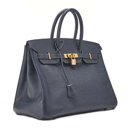 HERMES Birkin 35 Handbag Epson Blue Indigo Gold-Tone Hardware, Pre-Owned