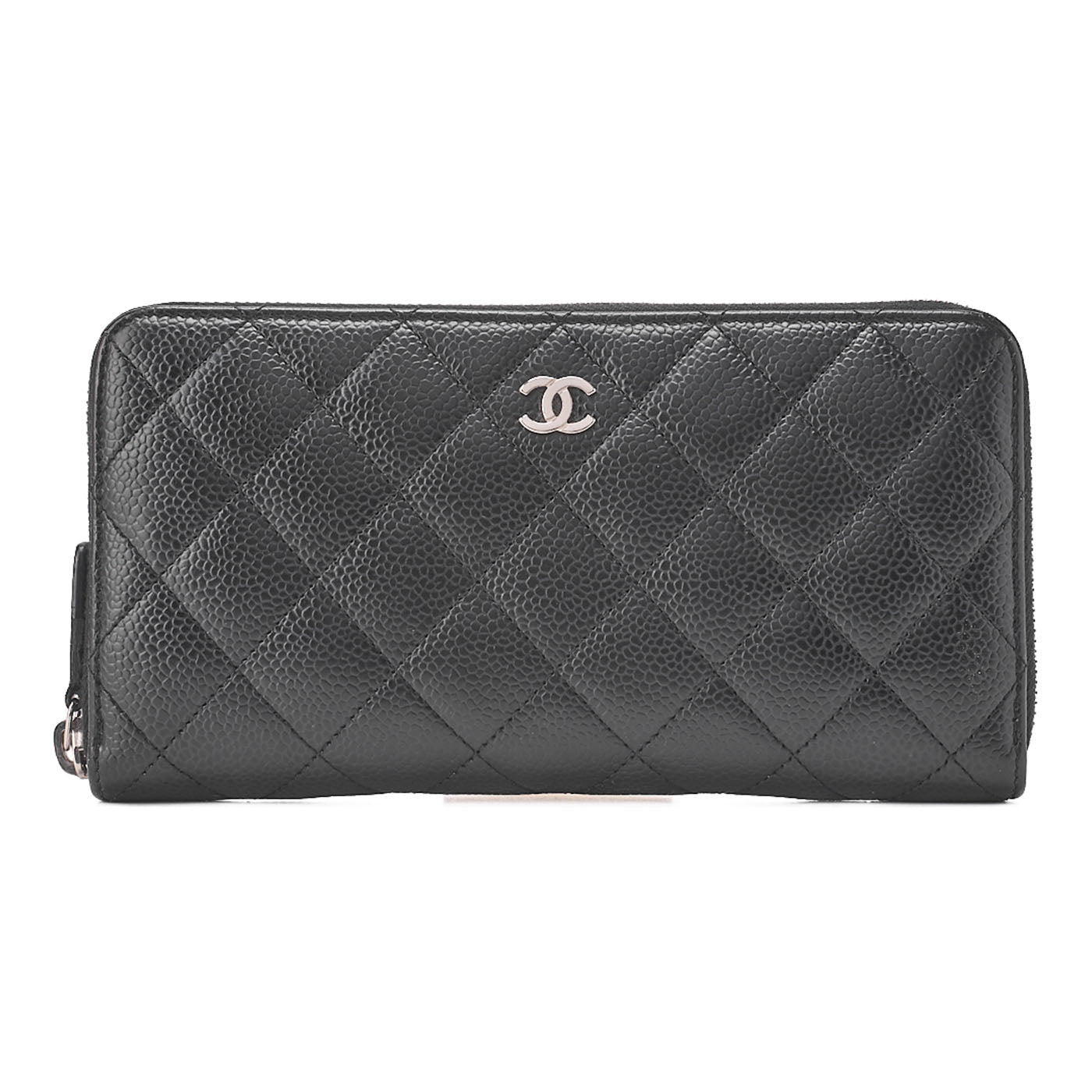 CHANEL Matrasse Round Long Wallet Caviar Skin Black Women's Wallet Silver-Tone Hardware, Pre-Owned