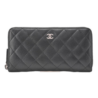 CHANEL Matrasse Round Long Wallet Caviar Skin Black Women's Wallet Silver-Tone Hardware, Pre-Owned