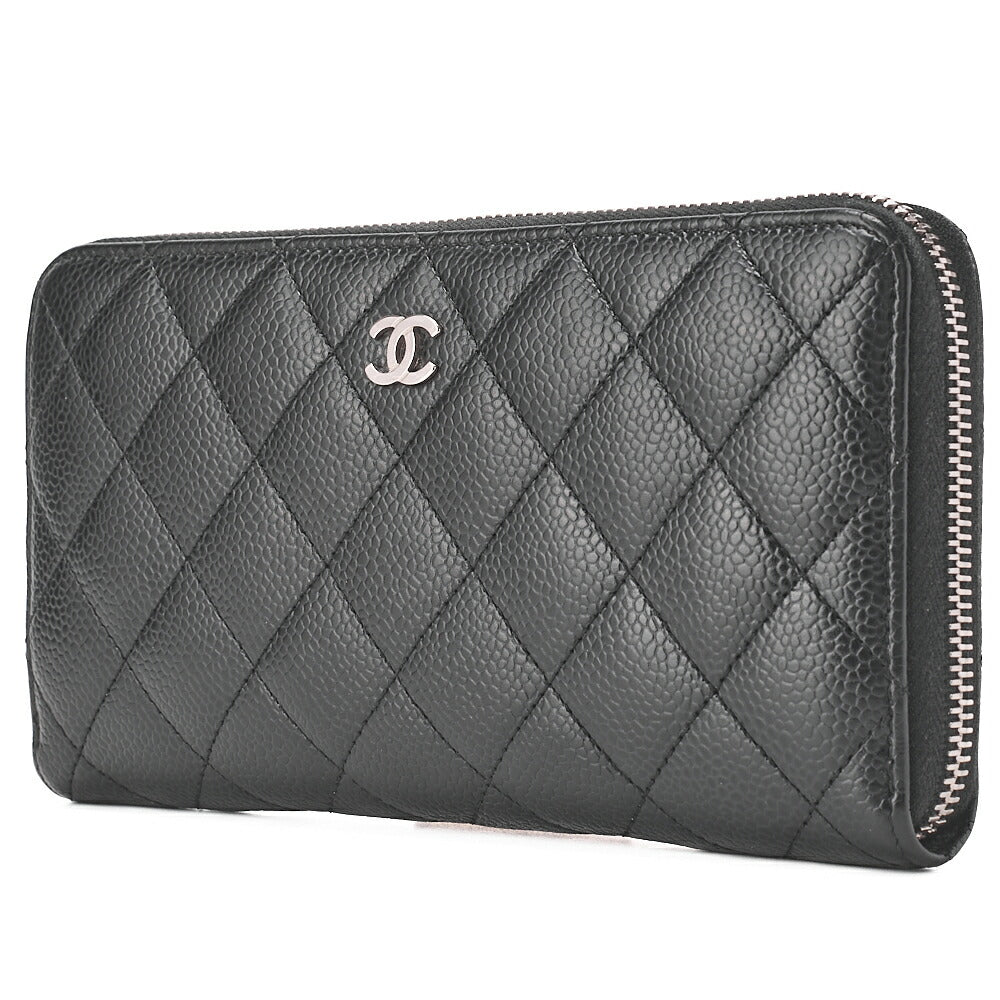 CHANEL Matrasse Round Long Wallet Caviar Skin Black Women's Wallet Silver-Tone Hardware, Pre-Owned
