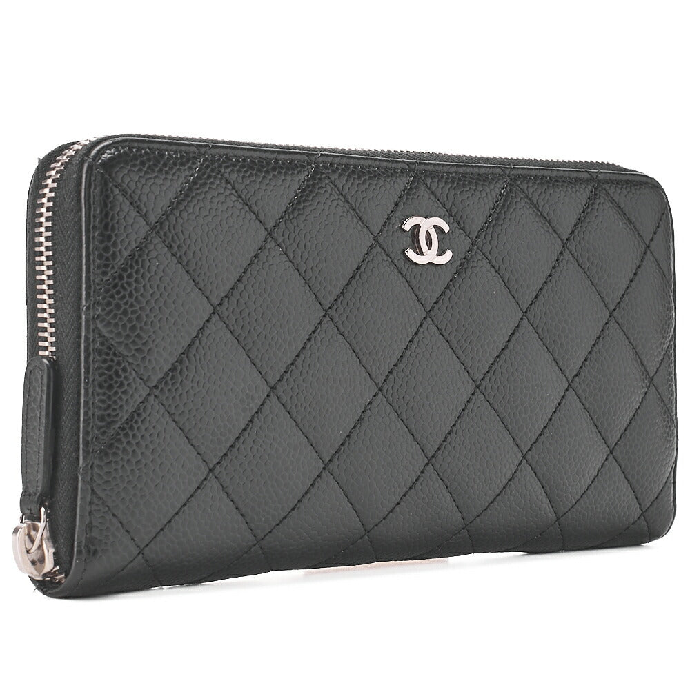 CHANEL Matrasse Round Long Wallet Caviar Skin Black Women's Wallet Silver-Tone Hardware, Pre-Owned