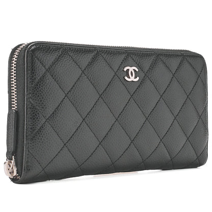 CHANEL Matrasse Round Long Wallet Caviar Skin Black Women's Wallet Silver-Tone Hardware, Pre-Owned